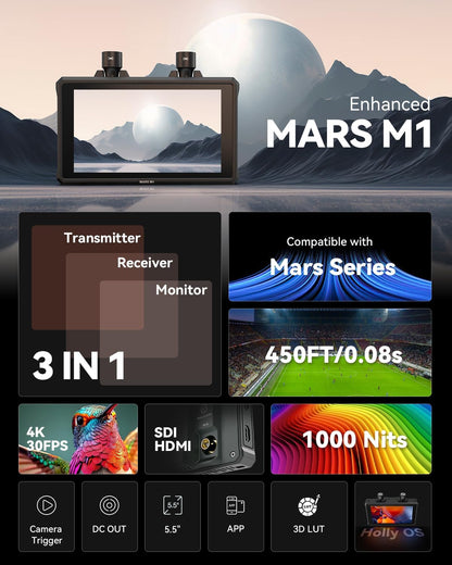 Hollyland Mars M1 Enhanced Camera Field Monitor 4K HDMI & SDI Video Radio Bereik 150m Latentie 0.08s FHD 1920x1080 1000nit 5.5" Touch 3D LUT APP Videobewaking DC-Out Interface (1 set)