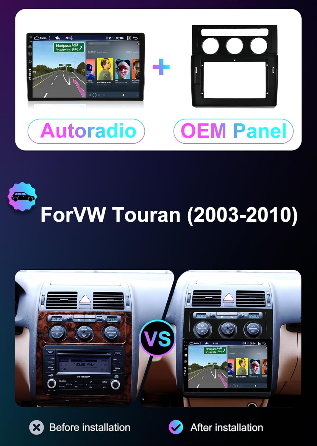 Android 15 2 Din Radio Navigatie voor VW Touran 2003-2010: [Ingebouwde CarPlay/Android Auto/GPS]-10.1 Duim IPS Touch screen-DAB/Bluetooth 5.0/Stuurbediening/MirrorLink/WiFi/4G