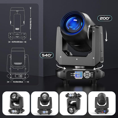 200W Moving Head RGBW LED Beam Stage Light, Electronic Focus 14 Gobo Dmx512 Party Light 18 Prisms 360° Rotatable Rainbow Effect for Christmas DJ Disco Bar Wedding