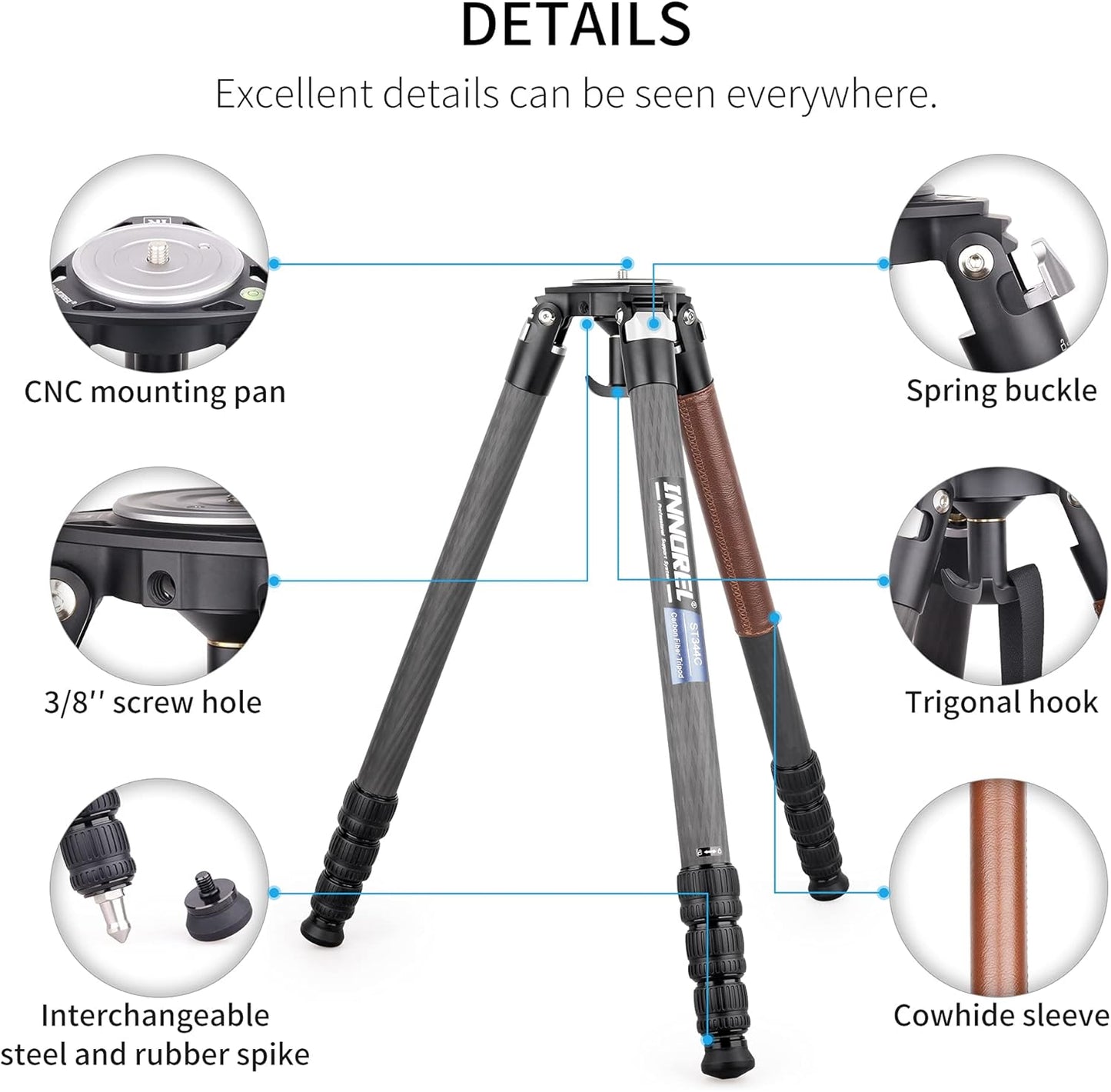 Koolstofvezel statief INNOREL ST344C Professionele zware camera statieven met gratis 75mm bowl adapter max. buisdiameter 34.4mm/ max. Belasting 35kg / max. Hoogte 160 cm voor DSLR-reizen