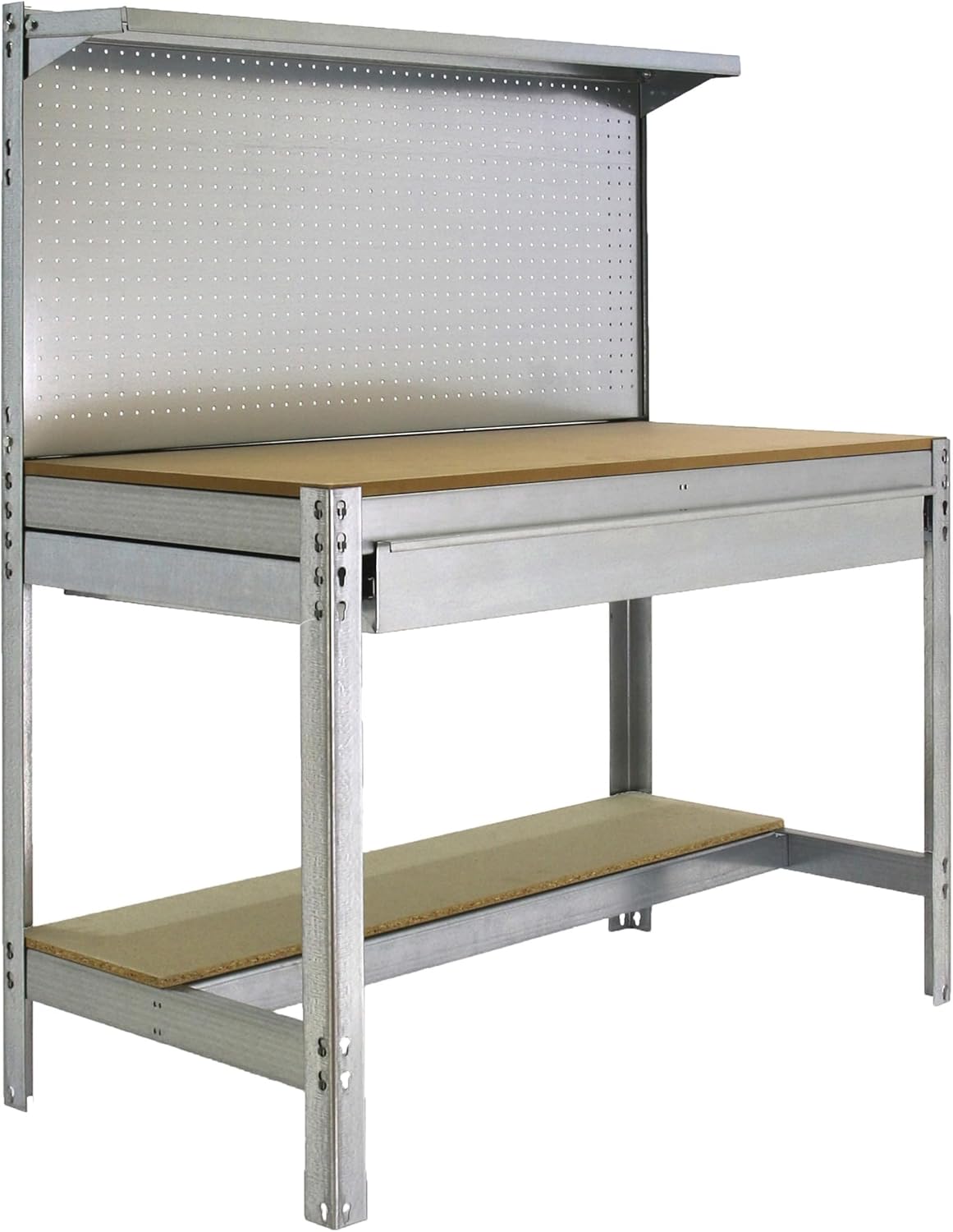 Simon Rack Sterke Werkbank met Lade, Bovenplank en Geperforeerd Paneel, 1445x910x610 mm, 400 kg Draagvermogen, Metalen Frame en Houten Werkblad, Compleet voor Werkplaats, Gegalvaniseerd/Hout – BT3