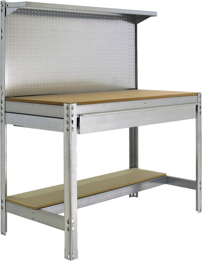 Simon Rack Sterke Werkbank met Lade, Bovenplank en Geperforeerd Paneel, 1445x910x610 mm, 400 kg Draagvermogen, Metalen Frame en Houten Werkblad, Compleet voor Werkplaats, Gegalvaniseerd/Hout – BT3