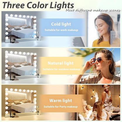 Hansong Bluetooth Make-up Spiegel met verlichting 18 LED-lamp Dresse Spiegel Hollywood Spiegel met USB oplaadpoort 3 kleurtemperaturen grote make-upspiegel voor tafelspiegels of wandspiegel