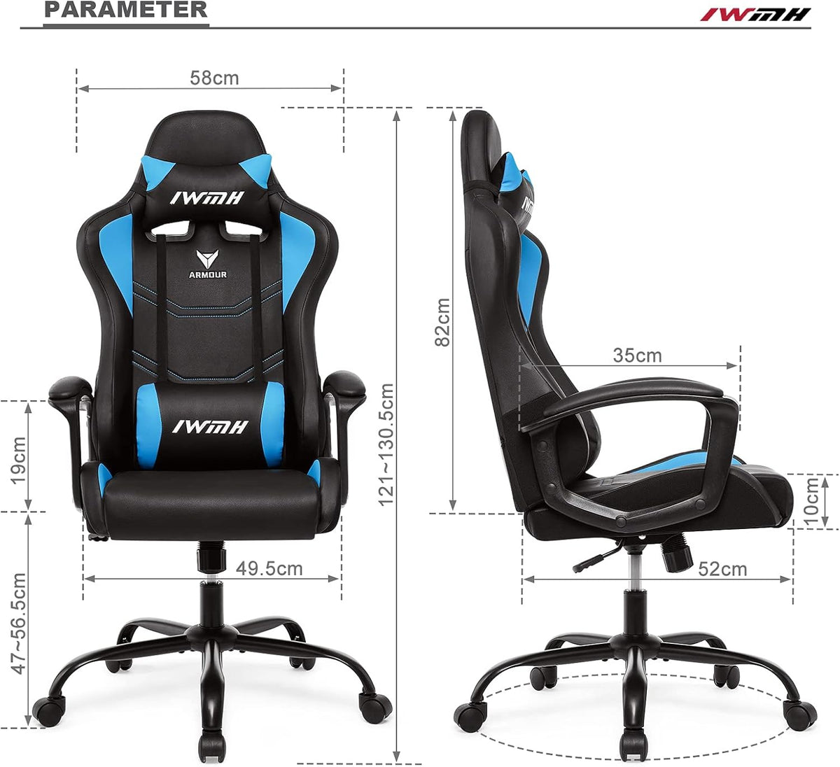 IntimaTe WM Heart Gaming-stoel, gamerstoel met ergonomische rugleuning, verstelbare hoofdsteun en lendensteun (blauw)