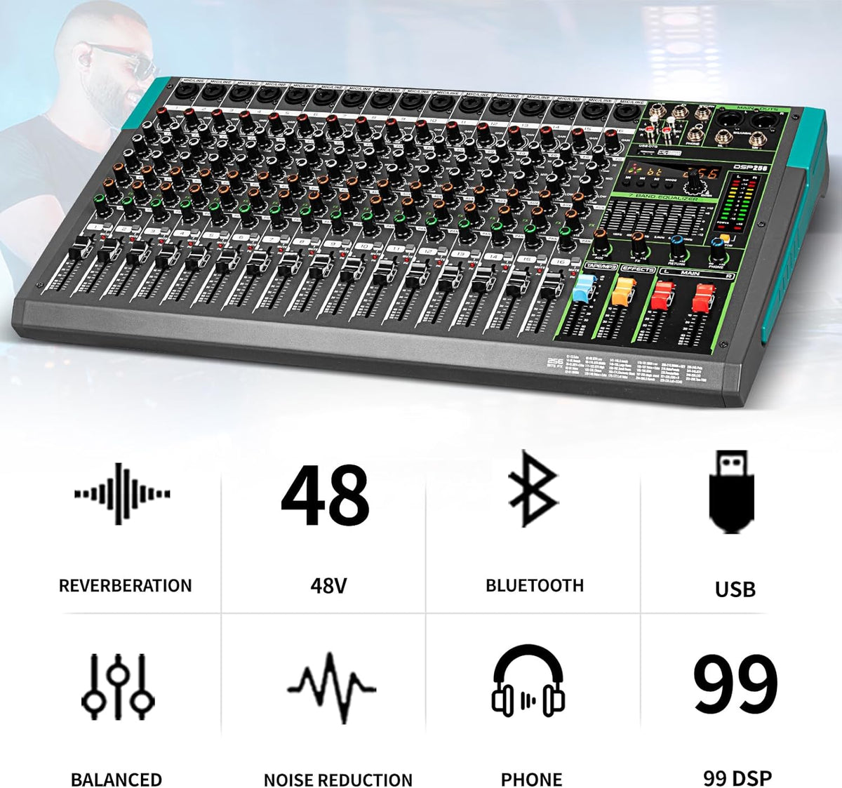 Professionele 16-Kanaals Mixer – Audiomixer – Mengpaneel – Mengtafel – Geluidsmixer – 48V Fantoomvoeding – 256 DSP-Effecten
