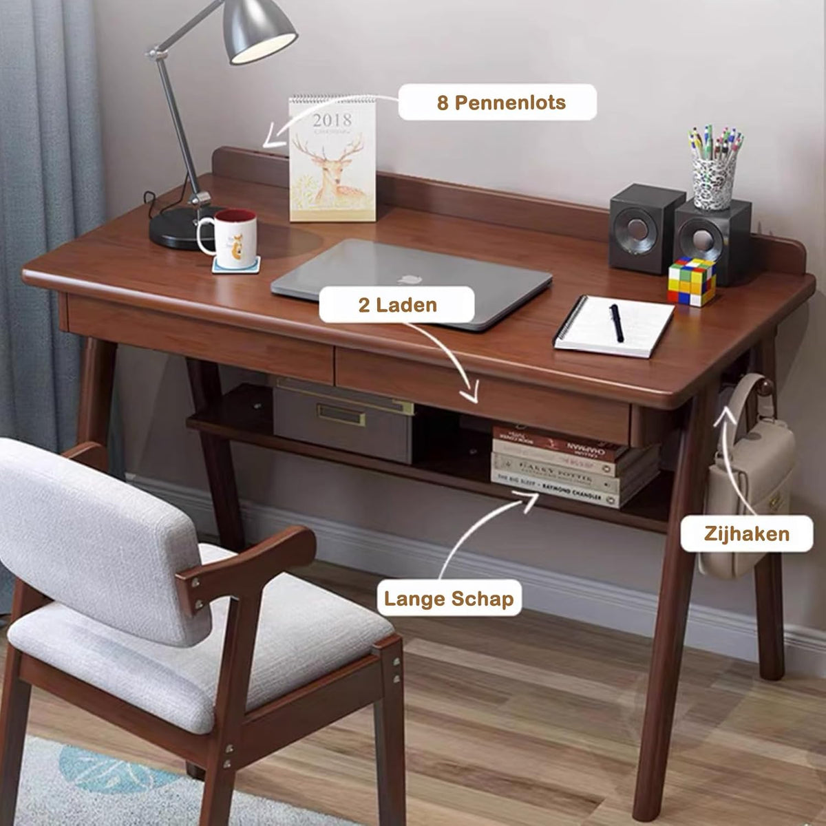 Bureau met 2 Laden, Computer Bureau, Walnoot Massief Houten Bureau, Werktafel om Studeren en Schrijven, PC-Tafel voor Thuis en Kantoor, 120 x 60 x 75 cm, Walnoot