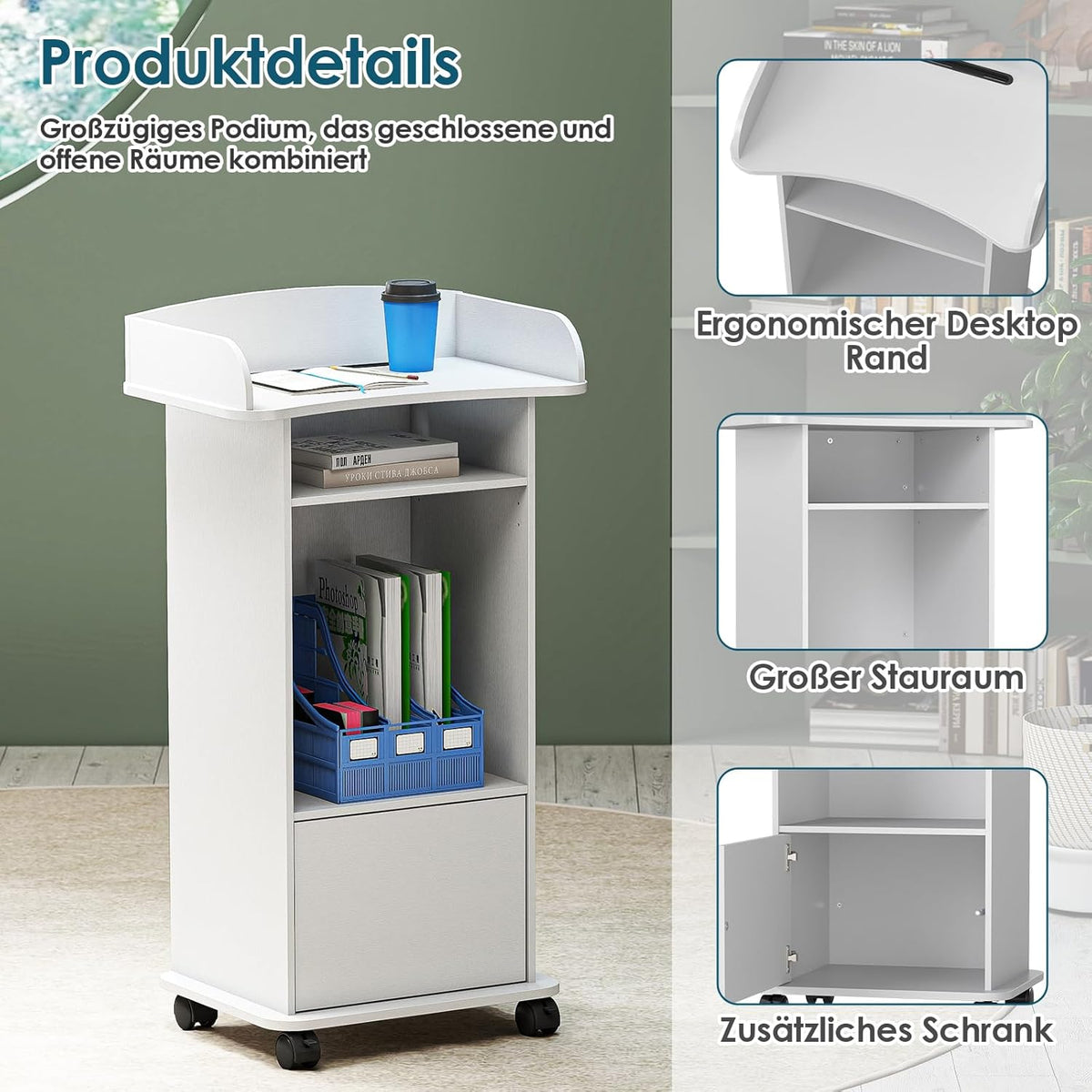 Sta-bureau, podiumstandaard met lade, sprekerbureau van hout met wieltjes, houten podium met meertraps plank voor scholen, huizen, seminars en kerken, wit (60 x 40 x 101 cm)