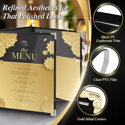 Flexzion Menuhouder 23,9 cm x 31,5 cm - Drievoudig gestikte menuhoezen met doorzichtig PVC, zwarte binding en gouden hoeken, drievoudig 3 pagina's 6 weergaven menuboek voor restaurant, café, bar en
