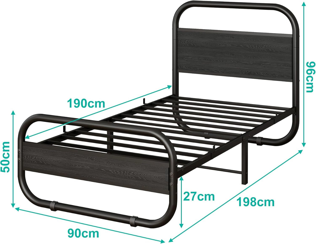 HOMERECOMMEND Eenpersoonsbedframe met hoofdeinde, zwart eenpersoonsbed 90x190 cm met opbergruimte onder het bed, stalen latten matrasstichting ronde pijpontwerp, zwart