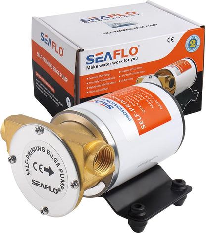 LIGHTEU, SEAFLO 24V bilgepomp 30 l/min (8 GPM) bronzen pompkop, zelfaanzuigend, automatisch, met terugslagklep en zeef voor boot, jacht, bilgenontwatering SFSP2-080-003-01