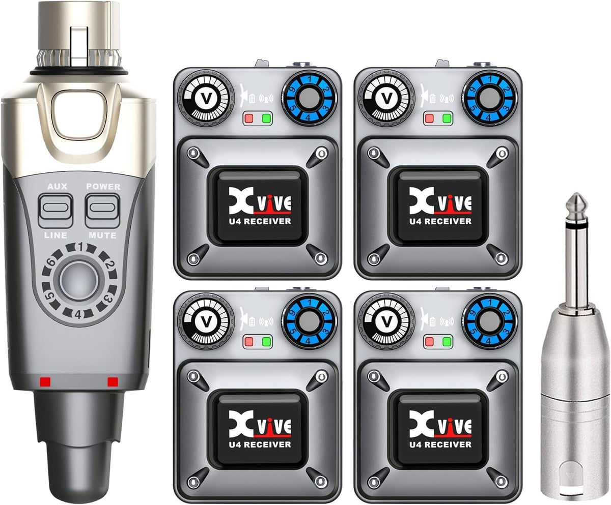Xvive U4R4 In Ear Monitor Draadloos Systeem Professioneel IEM Systeem voor Live Optreden, Studio en Bandrepetitie (4 ontvanger en 1 zender)