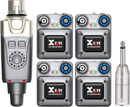 Xvive U4R4 In Ear Monitor Draadloos Systeem Professioneel IEM Systeem voor Live Optreden, Studio en Bandrepetitie (4 ontvanger en 1 zender)
