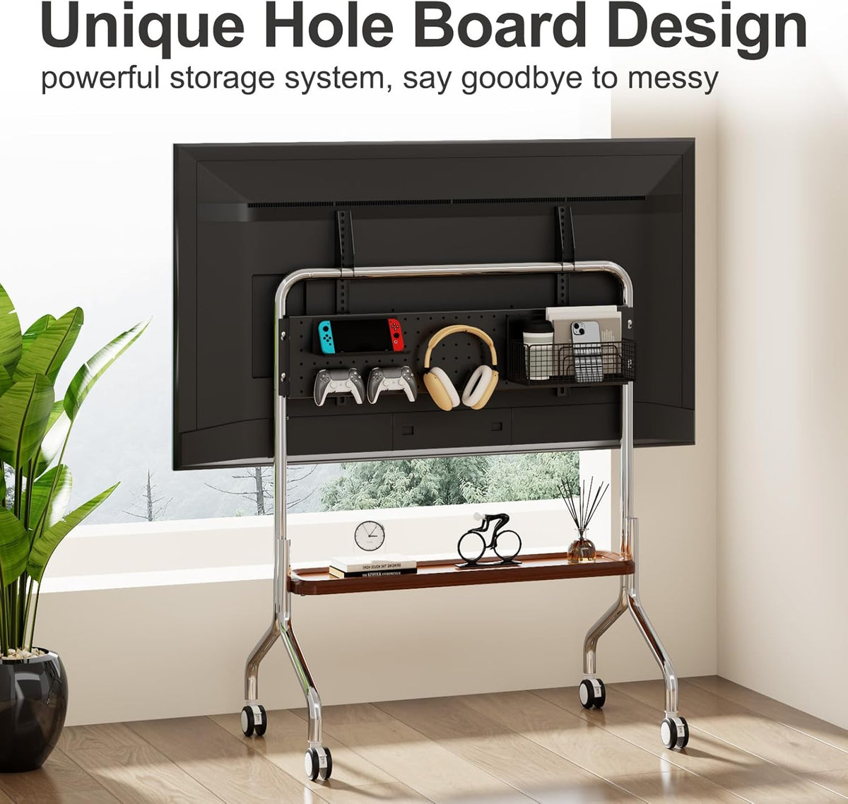 Mobiele tv-kar – Verrijdbare tv-standaard, rollende tv-standaard, tv-wagen, tv-standaard met wielen – Voor 32-75 inch LCD LED OLED flatpanel schermen – Roestvrij staal met vergrendelbare wielen en enkellaags houten opbergplank
