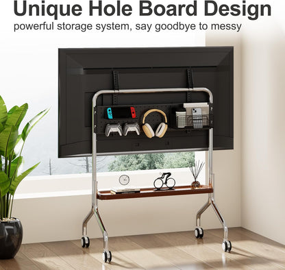 Mobiele tv-kar – Verrijdbare tv-standaard, rollende tv-standaard, tv-wagen, tv-standaard met wielen – Voor 32-75 inch LCD LED OLED flatpanel schermen – Roestvrij staal met vergrendelbare wielen en enkellaags houten opbergplank