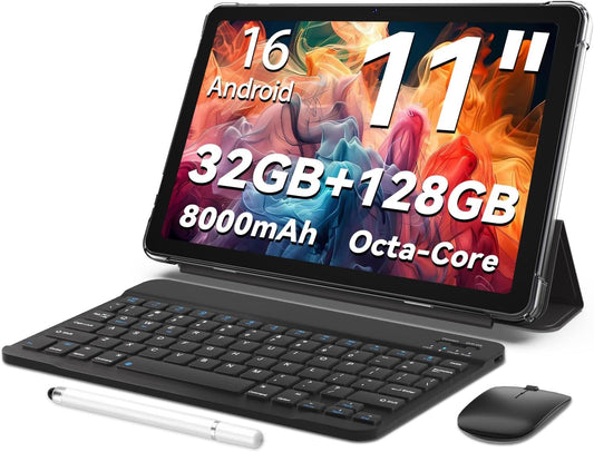 Android 16-tablet, 11 inch tablet,32GB + 128GB, uitbreidbaar tot 1TB, productiviteitsbundel met toetsenbordhoes, stylus, octa-coreprocessor, dubbele camera, wifi 6, 8000mAh-batterij (Nero)