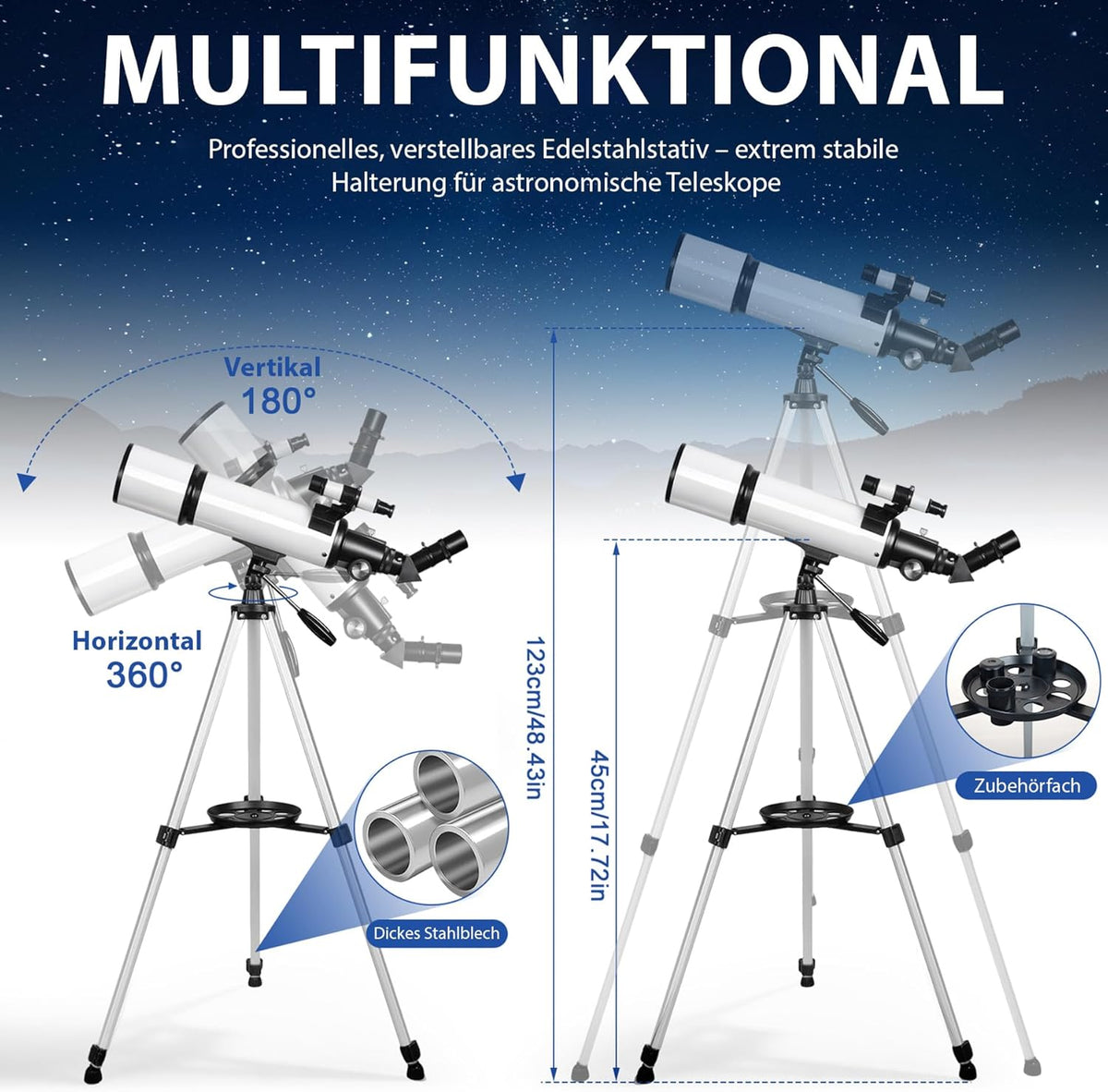 Telescopische astronomie 80 mm opening 60 mm brandpuntsafstand voor kinderen en volwassenen beginners met statief en mobiele telefoonhouder, draagbare refractortelescoop voor aard- en