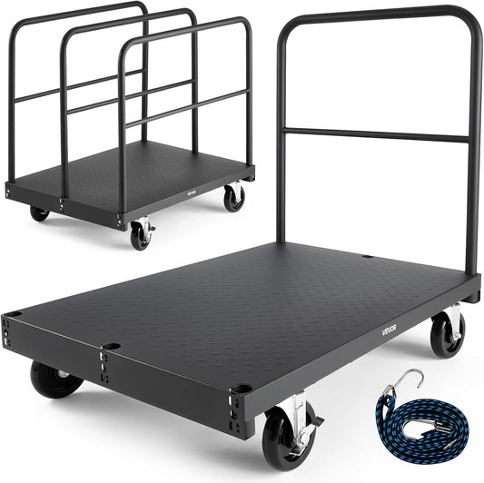 VEVOR Drywall Trolley Load Capacity 810 kg Steel Plates 12.5 mm Casters Platform 91.5 x 61 cm 4 Side Rails for Factory Garage Black