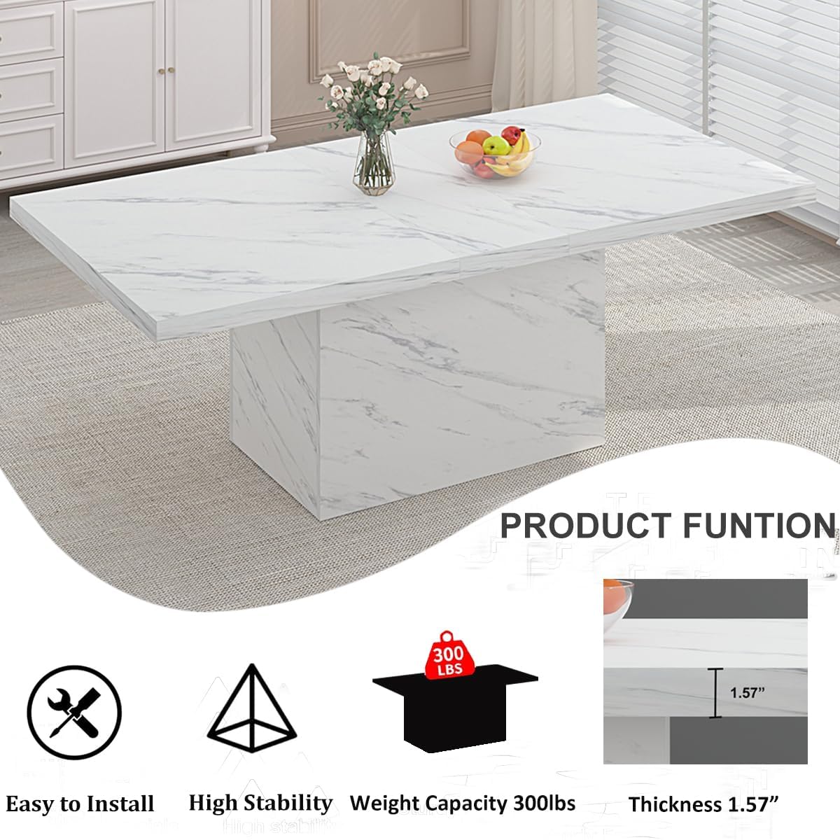 Eettafel – Keukentafel – Eetkamertafel – Tafel – Witte Tafel – Kunstmarmeren Blad – Industriële Houten Onderstel – 180 x 80 cm – Geschikt Voor 6-8 Personen