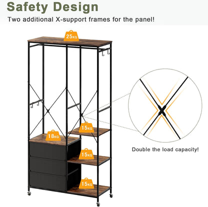 Kledingrek – Kledingkast – Garderoberek – Kledinghanger – Open Kledingrek – Stevig Stalen Frame – Verstelbare Planken & Laden – Wieltjes – Rustiek Bruin