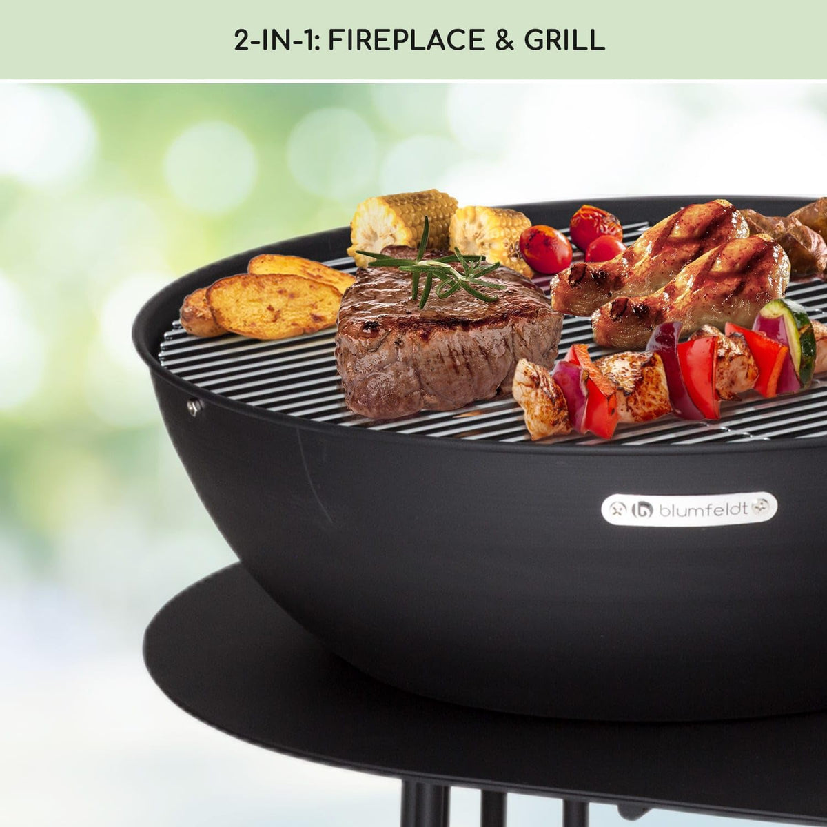blumfeldt Vuurschaal voor de tuin, met grillrooster en afdekking, stalen vuurschaal, klein, weerbestendige vuurplaats, grill, kleine grillring, 1 m hoog, zwart