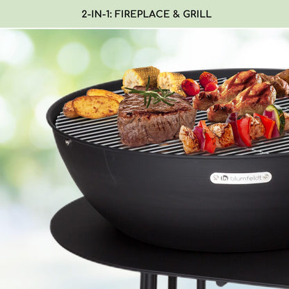 blumfeldt Vuurschaal voor de tuin, met grillrooster en afdekking, stalen vuurschaal, klein, weerbestendige vuurplaats, grill, kleine grillring, 1 m hoog, zwart