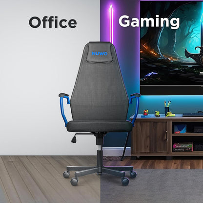 Nuwo Grid Gamingstoel, draaibaar, in hoogte verstelbaar, ergonomische bureau- en bureaustoel, ademende zitting en rugleuning, draagkracht 110 kg, blauw