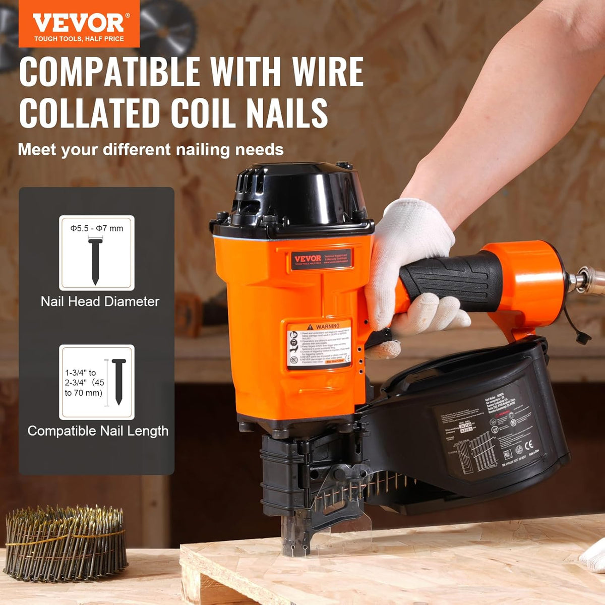 VEVOR Pneumatic Roller Nailer 45-70 mm Pneumatic Spool Nailer 15° MCN70 70-120 PSI Nail Head Φ5.5 - Φ7 mm Nail Gun for Pallets, Crates, Frames Cladding Fences
