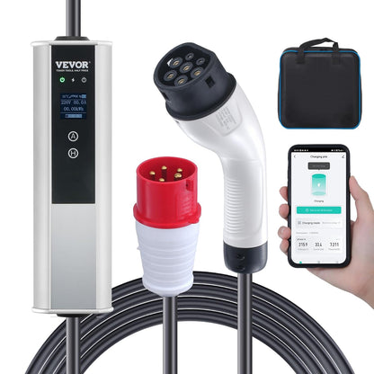 VEVOR EV-oplader, draagbaar, type 2, IEC6219, elektrische autolader, 16 A, 3,68 kW, eenfasig, 11 kW, driefasig, oplaadkabel 7,5 m, CEE-stekker 16 LCD IP66 met opbergtas, haak voor oplaadkabel