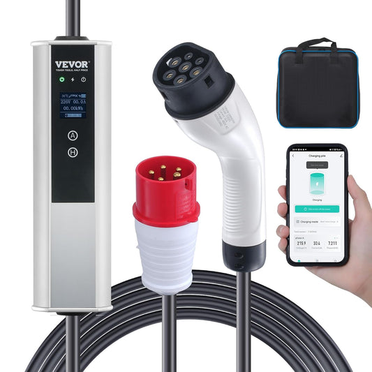 VEVOR EV-oplader, draagbaar, type 2, IEC6219, elektrische autolader, 16 A, 3,68 kW, eenfasig, 11 kW, driefasig, oplaadkabel 7,5 m, CEE-stekker 16 LCD IP66 met opbergtas, haak voor oplaadkabel