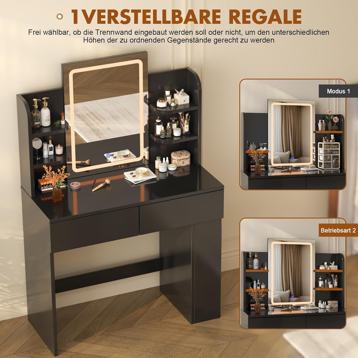 Devoko Dressing Table with Mirror and Lighting,Adjustable Brightness,Makeup Table with 2 Drawers, 4 Shelves, Modern Makeup Desk for Bedroom and Dressing Room (Black, 90 X 40 Centimeters) - QUORE