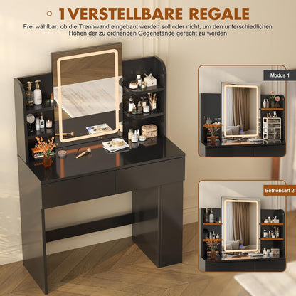 Devoko Dressing Table with Mirror and Lighting,Adjustable Brightness,Makeup Table with 2 Drawers, 4 Shelves, Modern Makeup Desk for Bedroom and Dressing Room (Black, 90 X 40 Centimeters) - QUORE