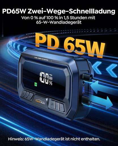 YaberAuto Starthulp powerbank met 160 psi compressor, 6500 A starter powerbank, PD 65 W ingang/uitgang powerbank, voor auto's met 3,3 inch lcd-scherm, 600 lumen noodverlichting, gedwongen startfunctie