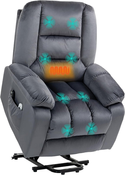 HOMCOM Electric TV Chair with Stand Up Aid, Reclining Function, Heating Function, Massage Chair with Pocket Spring System, Side Pocket, Footrest, Grey - QUORE