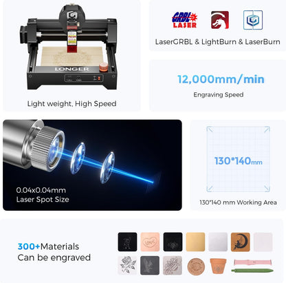Longer Ray5 mini lasergraveermachine, high-speed snijmachine 12.000 mm/min, voor 130 x 140 mm graveeroppervlak, wifi, beveiliging met noodstop (2,5 W), lasergraveermachine