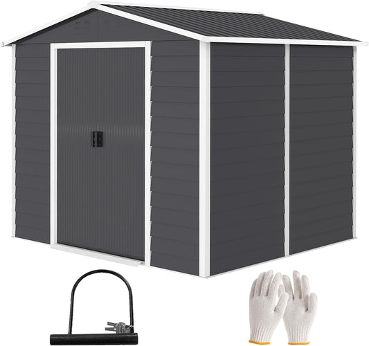 Outsunny Garden Shed 4.4 m2, Garden Shed with Saddle Roof, Sliding Door, Foundation, Easy Assembly, 240 x 206 x 198 cm, Garden Shed Made of Galvanized Steel, Weatherproof, for Garden, Dark Grey - QUORE