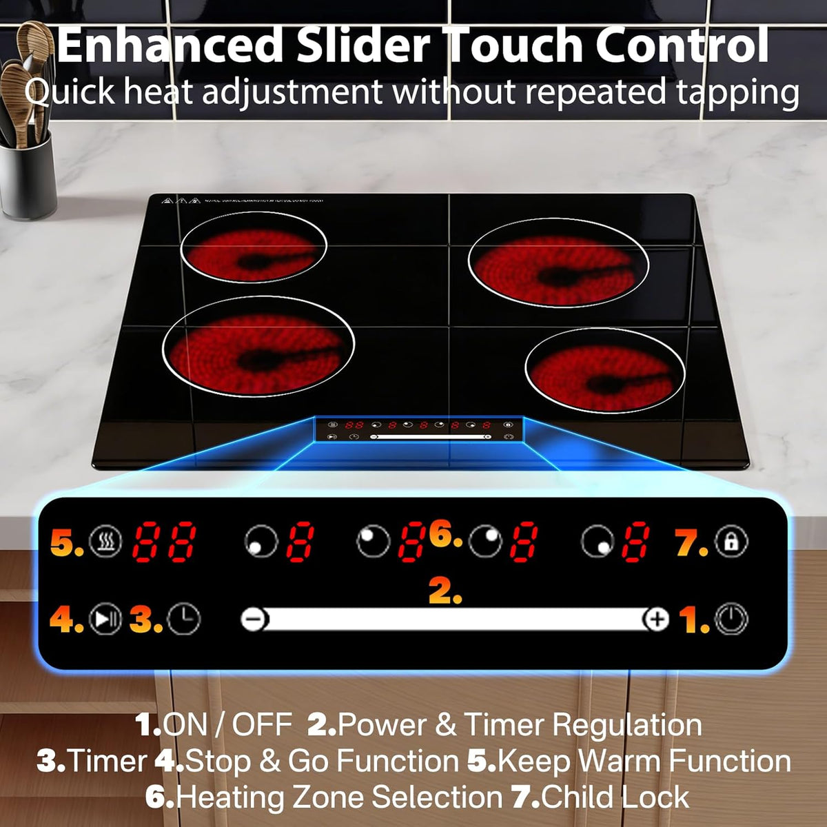 60cm keramische kookplaat 4 zone, 6000W elektrische kookplaat, slider touch control, enkele zone verwarming, ingebouwde kookplaat