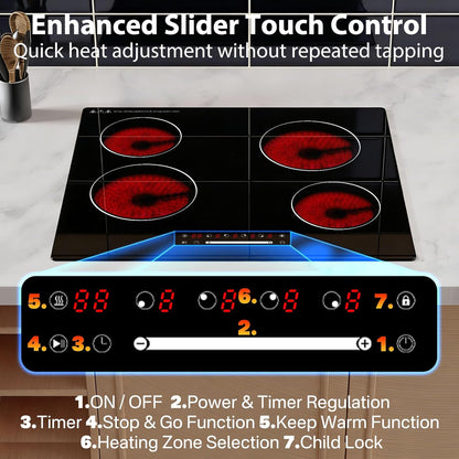 60cm keramische kookplaat 4 zone, 6000W elektrische kookplaat, slider touch control, enkele zone verwarming, ingebouwde kookplaat