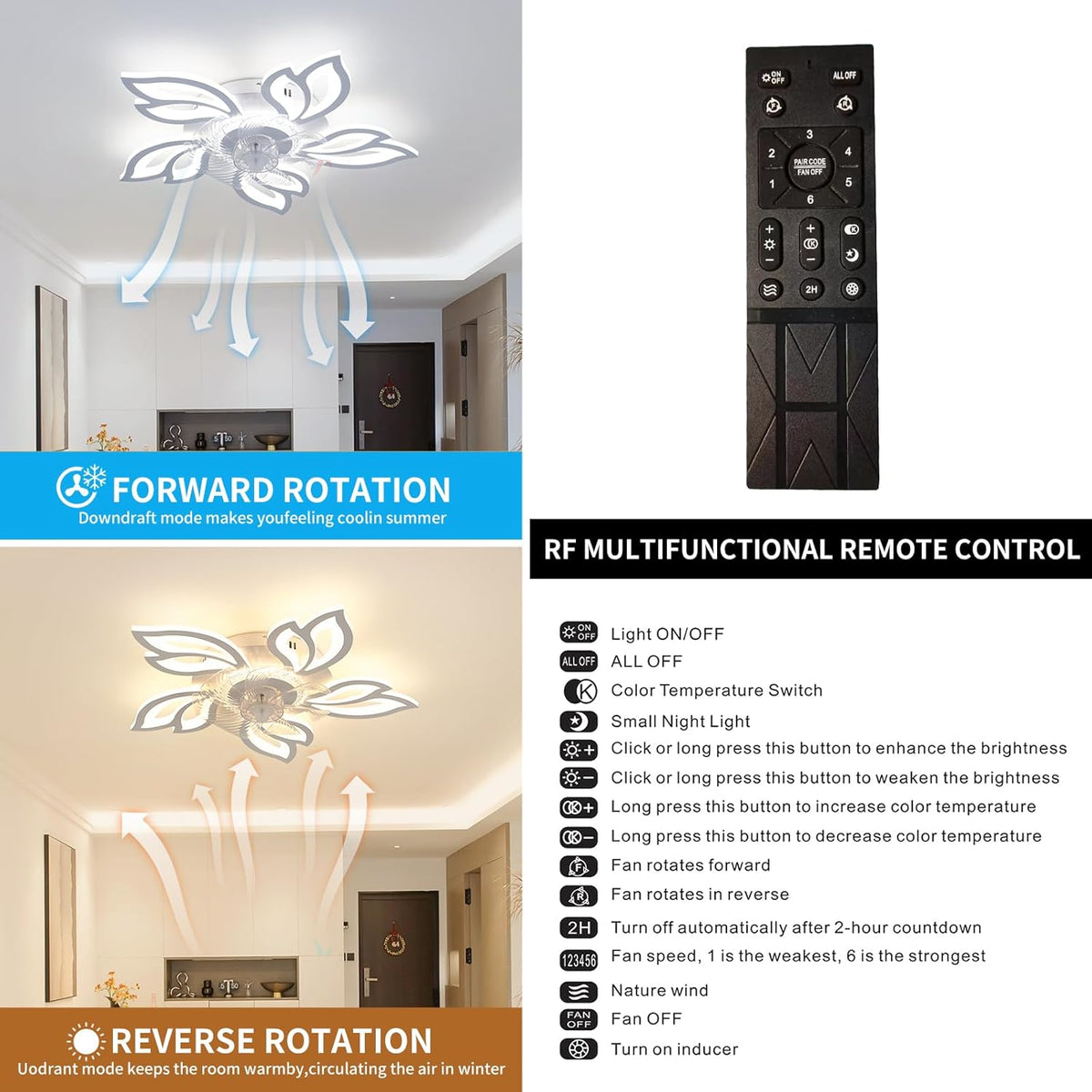Plafondventilator met verlichting, plafondventilator met 6 snelheden, 3 kleuren, met lichtgevende afstandsbediening, inbouwplafondventilator, moderne led-kroonluchter met verlichting voor