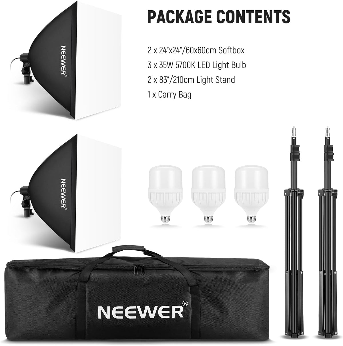 NEEWER Softbox verlichtingsset, equivalent aan 700 W, verpakking van 3 stuks, CE & UKCA gecertificeerde 5700 K led-gloeilampen, 61 x 61 cm softboxen met E27-fitting, continue fotografieset, fotostudio