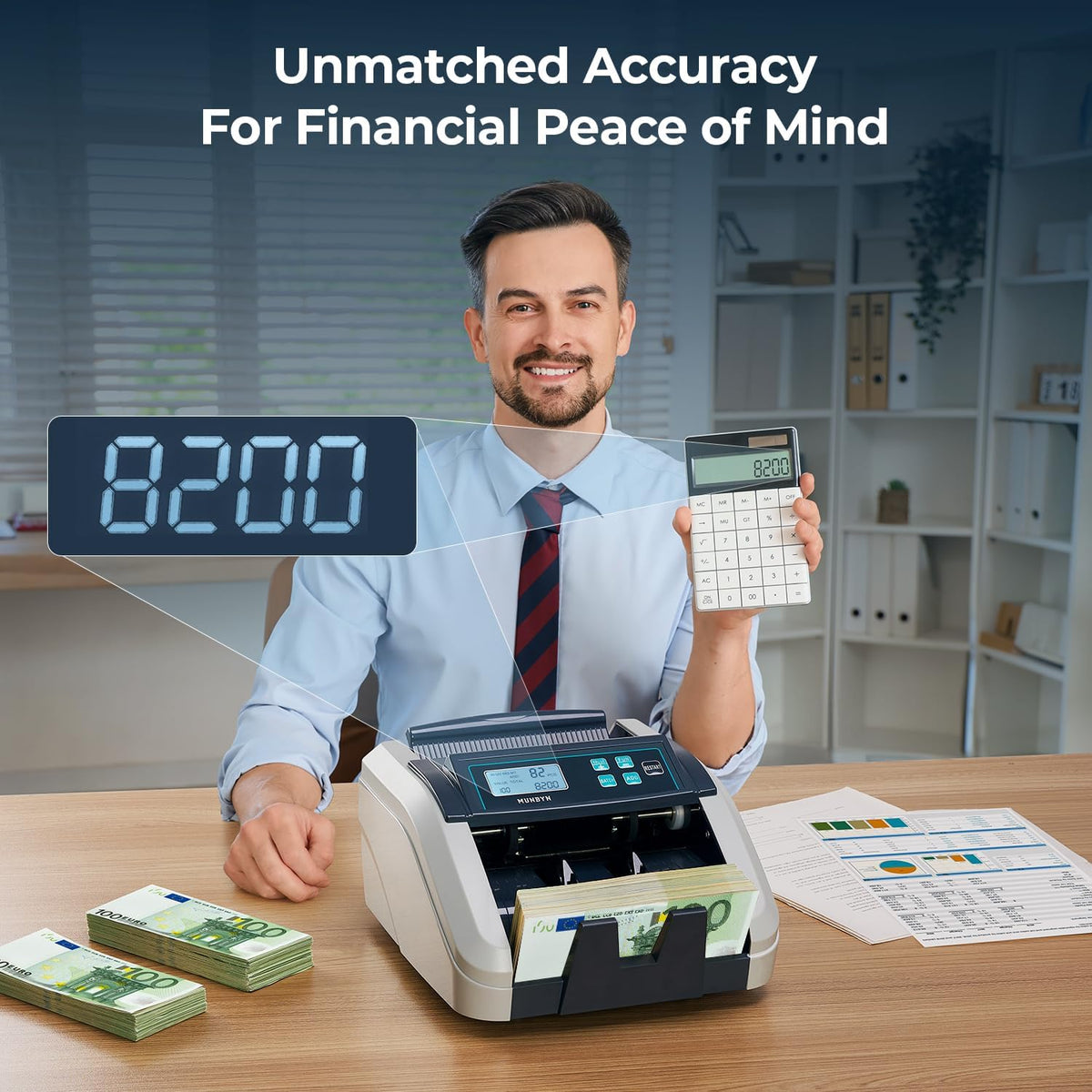MUNBYN IMC51 geldtelmachine, add+batch/value-modus bankbiljettenteller, UV/MG/IR/MT-detectie, alleen EUR-geldteller, 1100 vellen/min, LCD-display, 2 jaar garantie, grijs, kan gemengde noten niet