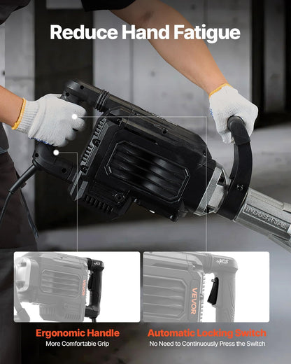 VEVOR Demolition Jack Hammer, 3000 W Powerful Electric Hammer, Concrete Crusher 1700 BPM with Point Chisel, Carry Bag, Gloves, Goggles, for Concrete, Wall, Brick, Tiles and Foundation