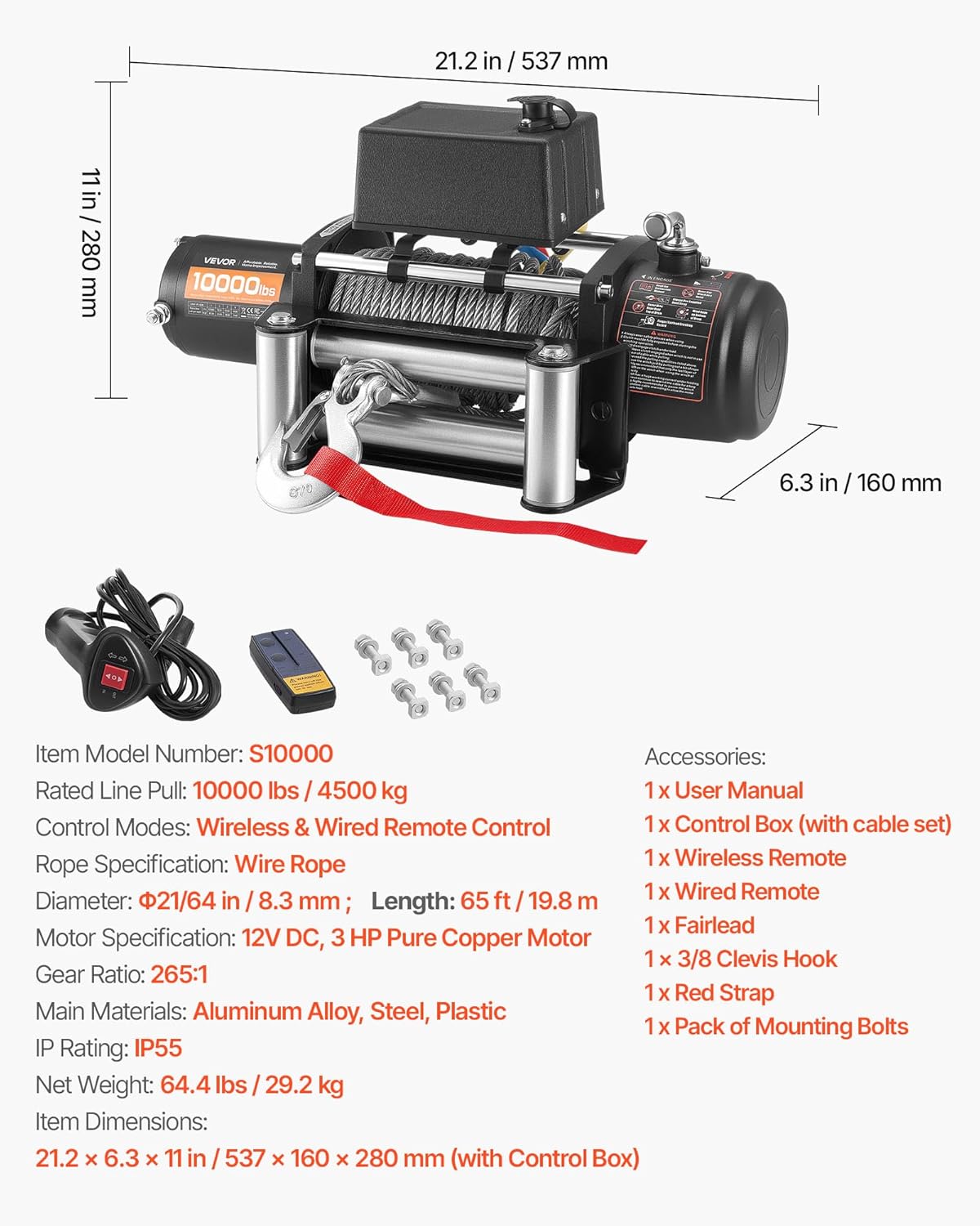 VEVOR Electric Winch 4500kg Capacity 12V DC Truck with Steel Cable Diameter 8.3mm x 19.8m Wireless Wired Remote Control IP55 for Towing SUV, Jeep, Trailer