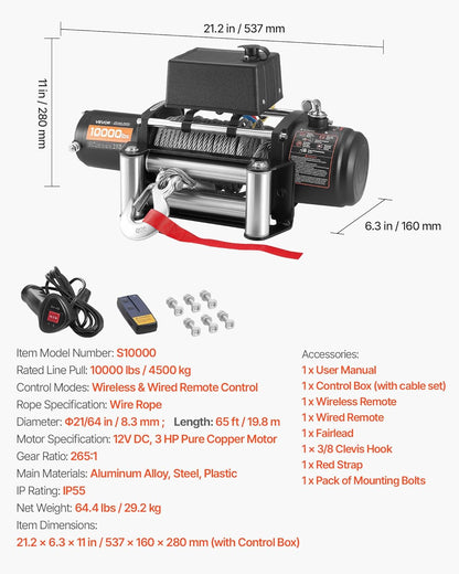 VEVOR Electric Winch 4500kg Capacity 12V DC Truck with Steel Cable Diameter 8.3mm x 19.8m Wireless Wired Remote Control IP55 for Towing SUV, Jeep, Trailer