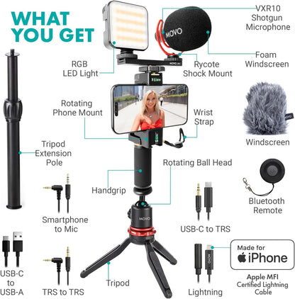 Vloggingkit voor Smartphone – Vlogset – Content Creator Kit – YouTube Starterkit – Opnamekit – Universeel voor USB-C, Lightning en 3,5 mm – Oplaadbaar RGB-licht en Shotgunmicrofoon