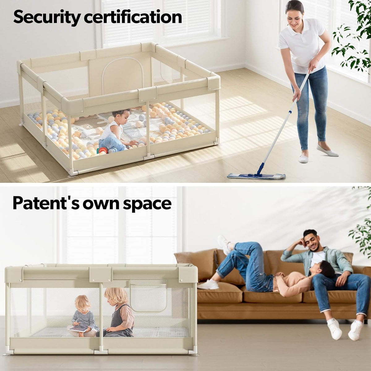 Fodoss Baby Playpen, 120 x 120 cm, Modular and Foldable, Beige with Children's Design, This Large Playpen is Perfect for Home, Beige - QUORE