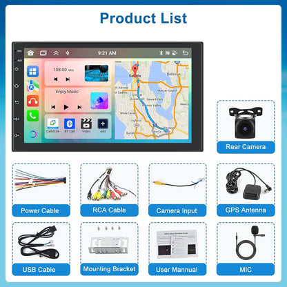 Podofo Android autoradio 2 Din met draadloos Carplay Android Auto, 4+64G 7 inch Android Bluetooth autoradio 2 Din met scherm met 59 UI, GPS, WiFi, SWC, RDS/FM-radio + achteruitrijcamera