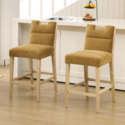 chairus Bar Stools, Set of 2 Kitchen Stools, Upholstered Breakfast Bar Chairs with Wooden Legs, Yellow - QUORE