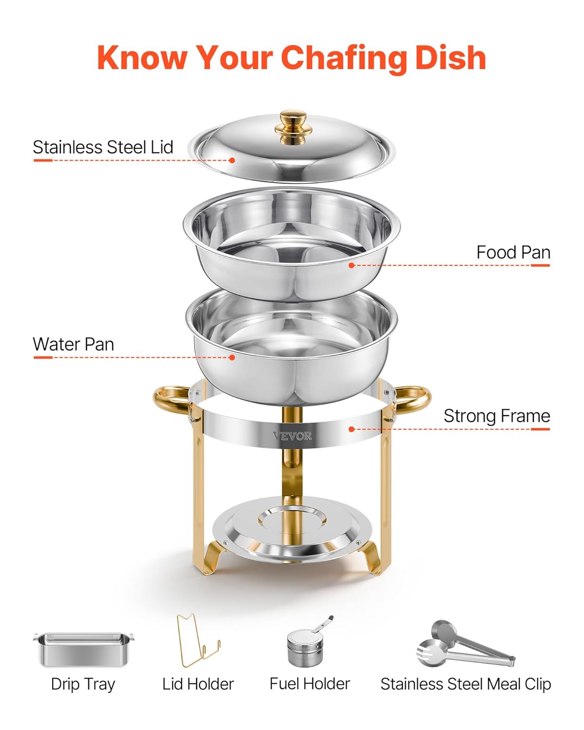 VEVOR Buffetwarmer met 4 containers in volledige grootte (elk 4,7 l), rond, voor catering, met deksel, waterschaal en opvouwbare standaard, voor bruiloften en feesten, goudkleurig