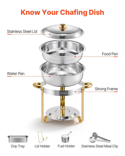 VEVOR Buffetwarmer met 4 containers in volledige grootte (elk 4,7 l), rond, voor catering, met deksel, waterschaal en opvouwbare standaard, voor bruiloften en feesten, goudkleurig