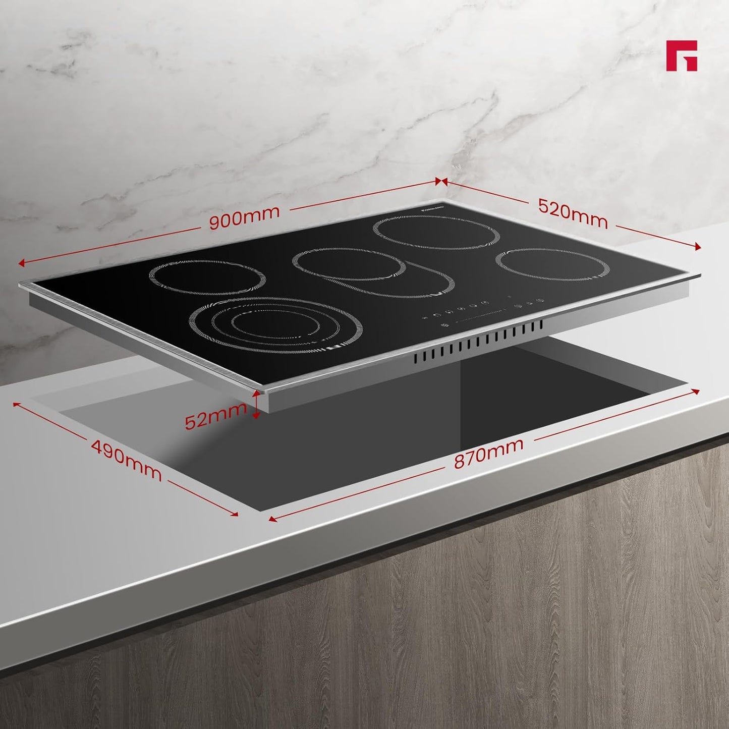Glaskeramisch Kookveld – Elektrisch Kookplaat – Inbouw Kookplaat – Keramisch Kookveld – Kookplaat 90 cm – Roestvrijstalen Frame – 5 Kookzones Met Slider Bediening – 8500W Totaal Vermogen